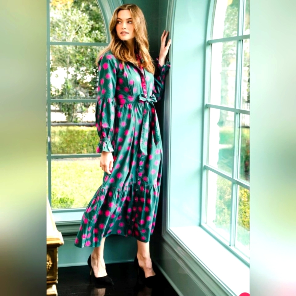 Elegant Green and Pink Long Sleeve Dress